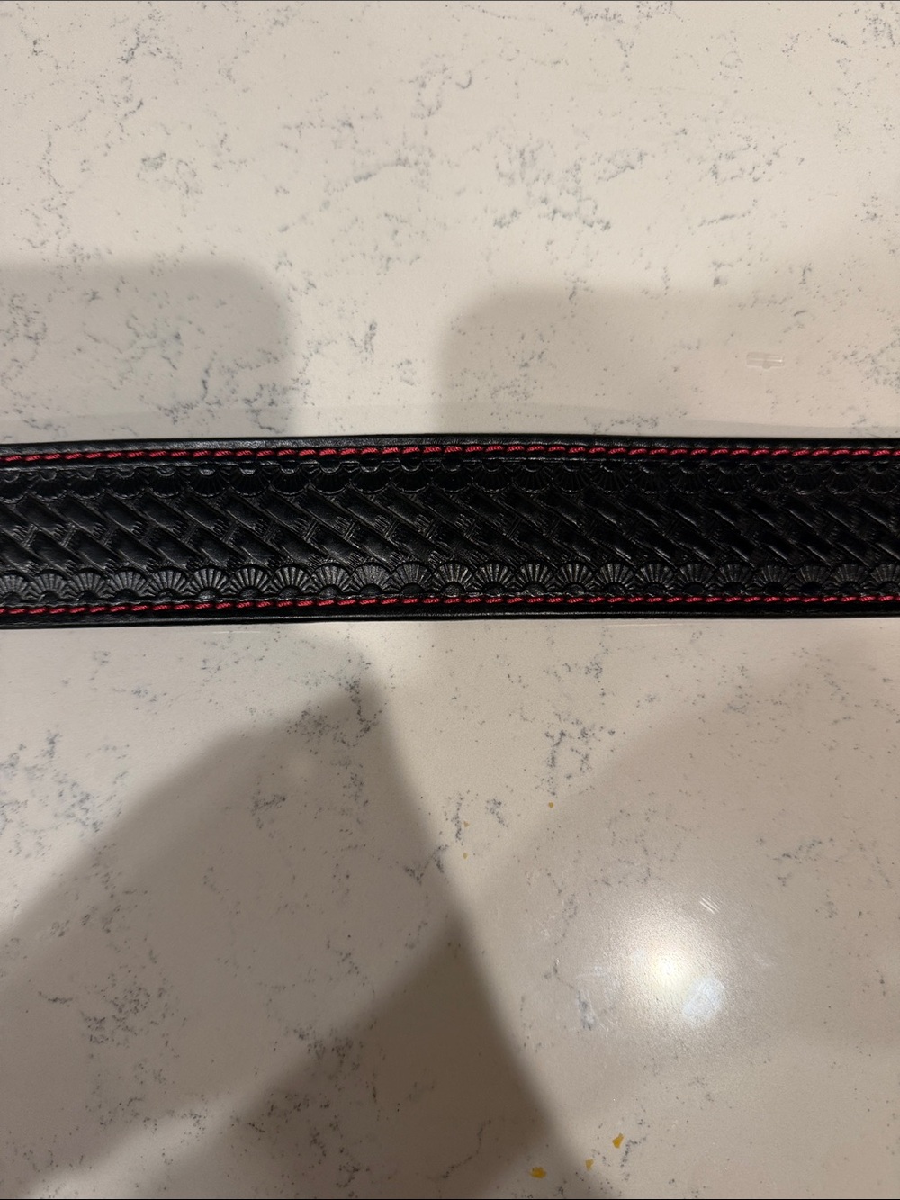 Local Artisan Made Hand Embossed Leather Biker Belt with Red Contrast Stitching - Picture 8 of 8